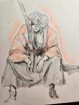 1boy absurdres ametsukana_yago arms_on_knees full_body genderswap genderswap_(otm) greyscale hakama hakama_skirt happy highres holding holding_sword holding_weapon japanese_clothes katana kimono legs_apart len'en long_hair long_sleeves looking_ahead male_focus mask mask_on_head mechanical_legs monochrome noh_mask over_shoulder parted_lips patch pectoral_cleavage pectorals photo_(medium) red_kimono short_kimono single_mechanical_leg single_sock sitting skirt smile socks solo spot_color sword tekelili traditional_media wavy_hair weapon weapon_over_shoulder wide_sleeves