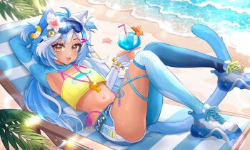 Rule 34 | 1girl, aki hoshino, arm behind head, asymmetrical legwear, beach, blue hair, blue shorts, blue shrug, blue thighhighs, brown eyes, character name, cocktail, commentary, cup, drinking straw, english commentary, eyewear on head, fish hair ornament, flower, hair flower, hair ornament, highres, holding, holding cup, indie virtual youtuber, long hair, multicolored hair, navel, ocean, open mouth, orange flower, panties, panty straps, shoes, shorts, shrug (clothing), side-tie panties, signature, smile, sneakers, solo, stomach, streaked hair, tan, thighhighs, toona (vtuber), underwear, virtual youtuber, whistle, whistle around neck, white flower, white hair
