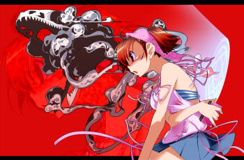 1girl bandana blush camisole demon demon_(megami_tensei) devil_survivor_(series) devil_survivor_1 female_focus handheld_game_console highres nintendo_ds red_eyes red_hair ribbon short_hair skirt solo striped summoning tanigawa_yuzu tears yomi yomi_(incubator)