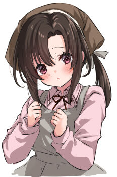 Rule 34 | 1girl, apron, bandana, black hair, brown bandana, clenched hands, collared shirt, commentary request, dress shirt, grey apron, highres, kantai collection, mashiro yukiya, nankai (kancolle), pink shirt, ponytail, red eyes, shirt, sidelocks, simple background, solo, upper body, white background