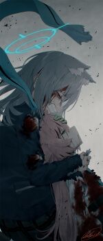Rule 34 | 2girls, animal ears, bleeding, blew andwhite, blood, blood from forehead, blood on clothes, blood on face, blood stain, blue archive, blue halo, blue scarf, clenched teeth, commentary request, corpse, crying, death, debris, from side, gloves, grey hair, halo, head hug, highres, hoshino (blue archive), hug, id card, injury, long hair, multiple girls, no halo on purpose, pink hair, sad, scarf, school uniform, shiroko (blue archive), short hair, signature, tears, teeth, torn clothes, wolf ears