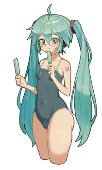 1girl ahoge aqua_eyes aqua_hair breasts bright_pupils commentary covered_navel cropped_legs double-parted_bangs food grey_one-piece_swimsuit hair_between_eyes hatsune_miku highres holding holding_food holding_popsicle long_hair mottoyo number_tattoo one-piece_swimsuit popsicle shoulder_tattoo small_breasts swimsuit tattoo thighs twintails very_long_hair vocaloid white_background white_pupils
