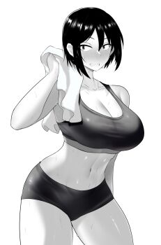 1girl absurdres altronage bare_shoulders black_hair black_sports_bra breasts cleavage cloud cloudy_sky collarbone commission cowboy_shot day drying grey_eyes greyscale hair_between_eyes highres hitomi-chan_wa_hitomishiri holding holding_towel large_breasts looking_at_viewer monochrome navel sharp_teeth short_hair shorts sky solo sports_bra standing sweat takano_hitomi teeth towel towel_around_neck
