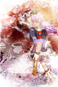 1girl blue_gemstone boots brooch brown_boots commentary_request dark-skinned_female dark_skin elf elvaan final_fantasy final_fantasy_xi gem jewelry long_hair long_sleeves low-tied_long_hair pointy_ears prishe purple_eyes purple_hair red_ribbon ribbon ruka_(blueplus84) sitting solo