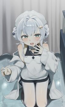 1girl absurdres bare_shoulders blush braid commentary dress green_eyes hand_to_own_mouth hat highres indoors jacket kneeling long_sleeves looking_at_viewer off_shoulder on_floor open_clothes open_jacket open_mouth original pantyhose sleeveless sleeveless_dress sleeves_past_wrists small_sweatdrop solo sweat syhan tile_floor tiles white_dress white_hat white_jacket white_pantyhose