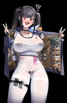 !? 1girl :d absurdres banknote black_background black_choker black_hair blue_jacket blush breasts choker condom condom_packet_strip condom_wrapper cum double_v goddess_of_victory:_nikke heart_maebari heart_pasties highres id_card jacket jewelry lancheu large_breasts maebari mole mole_under_eye money multiple_rings open_clothes open_jacket open_mouth pantyhose pasties prostitution red_eyes ring shirt simple_background smile solo sora_(nikke) thigh_strap twintails used_condom v white_pantyhose white_shirt