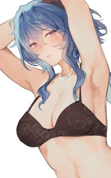 1girl absurdres armpits arms_up bare_shoulders black_bra blue_hair blush bra breasts cleavage floral_print ganyu_(genshin_impact) genshin_impact highres horns jewelry long_hair looking_at_viewer medium_breasts necklace purple_eyes sidelocks smile solo teeth tomodurien underwear white_background