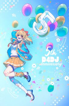 1girl :d absurdres aimoto_rinku anniversary balloon blonde_hair blue_background blue_jacket bow d4dj dobuing flower full_body gradient_background hair_bow heart highres jacket leg_warmers long_hair looking_at_viewer multicolored_jacket necktie number_balloon open_mouth pleated_skirt red_bow red_eyes red_necktie shirt shoes single_leg_warmer single_thighhigh skirt smile solo thigh_strap thighhighs white_shirt white_shoes white_thighhighs yellow_leg_warmers yellow_skirt