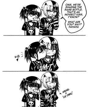 Rule 34 | 2girls, 3koma, blush, bottle, bracelet, choker, closed eyes, clothes writing, comic, commentary, corrupted twitter file, drinking, earrings, emo-girl (grs-), emo fashion, english commentary, english text, greyscale, grs-, heart, highres, holding, holding bottle, jewelry, kiss, kissing cheek, medium hair, metal-girl (grs-), monochrome, multicolored hair, multiple girls, no mouth, o o, original, ponytail, print shirt, shirt, short ponytail, short sleeves, side ponytail, simple background, speech bubble, spiked bracelet, spikes, t-shirt, two-tone hair, white background, yuri