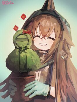 1girl :d ^_^ absurdres arknights blush brown_hair closed_eyes crossed_bangs doctor_(arknights) feather_hair gloves green_gloves grin hair_between_eyes highres holding holding_plant hood hood_up jacket kafka_(arknights) long_hair open_mouth plant potted_plant sakuratani_hane simple_background smile solo twitter_username very_long_hair
