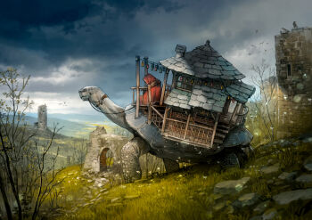 1other animal arch bare_tree bird book bookshelf bridle cloak cloud cloudy_sky commentary_request dandelion_seed flock fur-trimmed_cloak fur_trim grass grasslands highres hill holding holding_reins house island_turtle original outdoors overgrown oversized_animal path railing red_cloak red_hood reins road ruins sky stairs string_of_flags tortoise tower tree turtle wooden_porch yoshida_seiji