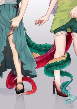 2girls black_footwear brown_footwear clothes_lift dragon_tail fingernails green_nails green_shirt green_shorts green_skirt grey_nails head_out_of_frame high_heels highres kicchou_yachie long_fingernails long_hair multiple_girls nail_polish purple_hair sharp_fingernails shirt shorts skirt skirt_lift tail tail_around_another&#039;s_leg tail_wrap tenkajin_chiyari thigh_strap touhou uchisaki_himari