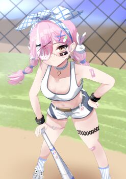 Rule 34 | 1girl, absurdres, azur lane, bandaid, bandaid on arm, bandaid on knee, bandaid on leg, baseball bat, bow, breasts, choker, crop top, earrings, eyepatch, hair bow, hair ornament, hair over one eye, hand on own hip, heart, heart choker, highres, jewelry, kawakazeman, looking at viewer, low twintails, midriff, multicolored hair, official alternate costume, petite, pink hair, shoes, short shorts, short twintails, shorts, small breasts, socks, solo, streaked hair, striped clothes, striped socks, thigh strap, twintails, white choker, white hair, white shoes, white shorts, white socks, white streaks, x hair ornament, yellow eyes, z47 (azur lane), z47 (batter home run) (azur lane)