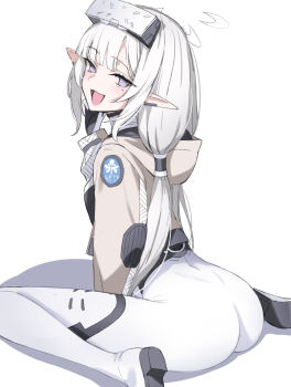 1girl ass blue_archive bodysuit commentary_request ev_(dai00888) from_behind grey_jacket halo head-mounted_display highres himari_(armed)_(blue_archive) himari_(blue_archive) jacket long_hair looking_at_viewer official_alternate_costume pointy_ears simple_background sitting smile solo very_long_hair wariza white_background white_bodysuit white_eyes white_hair white_halo