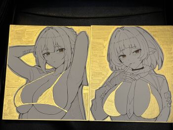 2girls absurdres alternate_costume animal_ears bikini breasts comiket_107 commentary_request dated evelyn_chevalier fingerless_gloves gloves gold_background gold_bikini highres jane_doe_(zenless_zone_zero) katsuragi_nantoka large_breasts long_sleeves looking_at_viewer mouse_ears mouse_girl multiple_girls necktie shikishi swimsuit traditional_media upper_body yellow_background yellow_bikini yellow_eyes zenless_zone_zero