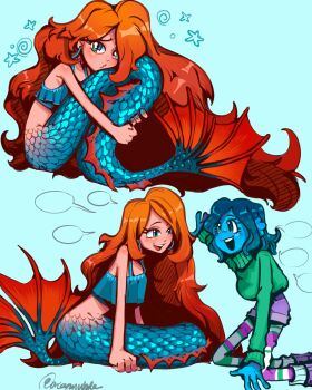 1girl 2girls blue_eyes chelsea_(ruby_gillman) highres holding_polearm kraken long_hair looking_at_another looking_at_viewer mermaid monster_girl multiple_girls orcamywhale polearm red_hair ruby_gillman ruby_gillman:_teenage_kraken solo trident very_long_hair weapon