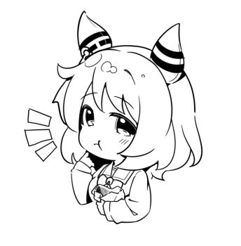 1girl :t animal_ears blush bow breasts chibi closed_mouth commentary_request cropped_torso eating greyscale hishi_miracle_(umamusume) horse_ears long_sleeves medium_breasts monochrome notice_lines puffy_long_sleeves puffy_sleeves school_uniform shirt simple_background sleeves_past_wrists solo tracen_school_uniform umamusume upper_body warashi white_background