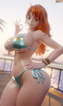 1girl 3d alternate_hairstyle aqua_bikini artist_name bikini breasts curvy earrings hand_on_own_hip high_ponytail jewelry large_breasts log_pose long_hair looking_at_viewer nami_(one_piece) navel ok_sign one_piece orange_eyes orange_hair outdoors parted_lips ponytail seductive_gaze shiny_skin shoulder_tattoo side-tie_bikini_bottom sky smile smittt34 standing swimsuit tattoo thong thong_bikini wide_hips