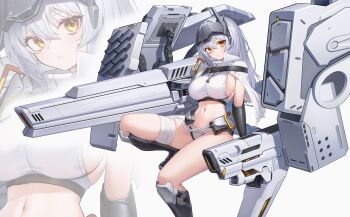 1girl absurdres bandaged_leg bandages bikini bikini_bottom_only boots breasts cannon cape chun_bae commentary crop_top goddess_of_victory:_nikke highres knee_boots large_breasts long_hair looking_at_viewer navel official_alternate_costume parted_lips shirt sideboob skindentation sleeveless sleeveless_shirt snow_white_(heavy_arms)_(nikke) snow_white_(nikke) solo stomach swimsuit thighs torn_cape torn_clothes visor_(armor) white_bikini white_cape white_hair white_shirt yellow_eyes zoom_layer