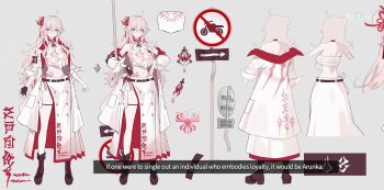 1girl ahoge armband arunka_(epic_seven) bare_legs bare_shoulders belt belt_pouch black_armband boots boss_arunka_(epic_seven) braid breasts brown_boots caption chest_sarashi choker clothes_writing coat colored_inner_hair crop_top crop_top_overhang crossed_bangs delinquent epic_seven fingerless_gloves flower flower_choker flower_knot fold-over_boots full_body gloves grey_background hair_bun hair_flower hair_ornament half-skirt hand_on_own_hip highres jewelry lace-up_boots lapels large_breasts logo long_hair long_sidelocks long_skirt multicolored_hair multiple_views o-ring o-ring_choker off_shoulder official_alternate_costume official_art open_clothes open_coat pink_hair pouch red_eyes red_hair reference_sheet road_sign sarashi screencap shirt sidelocks sign simple_background single_side_bun skirt sleeves_rolled_up tassel thighlet thighs two-sided_coat two-sided_fabric two-sided_skirt white_coat white_shirt white_skirt