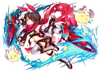 2others animal_ears aqua_wings artist_request bare_shoulders belt belt_buckle black_belt black_bra black_hair black_ribbon boots bra breasts buckle buttons cel_shading chainsaw cleavage closed_eyes crash_fever creature detached_sleeves fake_animal_ears freud_(crash_fever) full_body game_cg gloves hairband hat headwear_request holding holding_chainsaw holding_sword holding_weapon horns leg_belt leg_up long_sideburns looking_to_the_side mechanical_horns medium_breasts midriff multicolored_hair multiple_others navel number_print numbered official_art outline parted_bangs pink_eyes print_footwear rabbit_ears red_hair red_hairband red_outline red_scarf ribbon scarf short_hair sideburns sidelocks sleeve_belt smile solo_focus sparkle square square_print streaked_hair sword tachi-e thigh_boots third-party_source torn_clothes torn_scarf transparent_background two-tone_hair underwear weapon white_footwear white_gloves white_hat white_sleeves