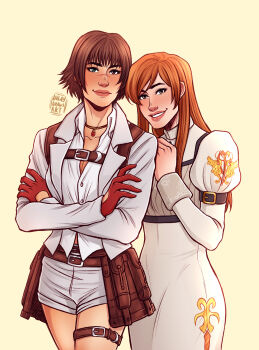 2girls absurdres artist_name black_hair brown_hair crossed_arms devil_may_cry devil_may_cry_(series) devil_may_cry_4 dress duckydrawsart gloves highres jacket jewelry kyrie_(devil_may_cry) lady_(devil_may_cry) long_hair looking_at_viewer multiple_girls necklace red_gloves scar scar_on_face scar_on_nose shirt short_hair shorts signature simple_background smile thigh_strap white_dress white_jacket white_shirt