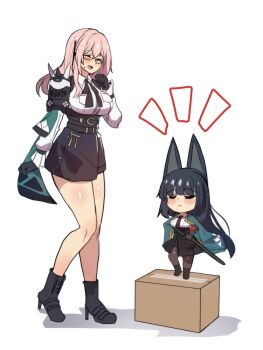 2girls :&lt; :d ^_^ animal_ears bare_legs black-framed_eyewear black_footwear black_hair black_necktie black_ribbon black_skirt blue_cape boots box breasts cape chibi closed_eyes commentary fox_ears full_body glasses high-waist_skirt high_heel_boots high_heels higher_resolution_available highres hinghoi hoshimi_miyabi large_breasts long_hair miniskirt multiple_girls neck_ribbon necktie open_mouth pantyhose pink_hair ribbon scabbard sheath shirt simple_background skirt smile standing thighs tsukishiro_yanagi very_long_hair white_background white_shirt zenless_zone_zero