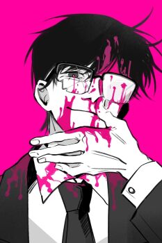 1boy blood blood_in_hair blood_on_clothes blood_on_face blood_on_hands blood_splatter broken_eyewear chinese_commentary collared_shirt commentary_request glasses highres jacket limited_palette long_sleeves looking_at_viewer male_focus messy_hair necktie opaque_glasses partially_opaque_glasses pink_background pink_blood shirt short_hair simple_background solo spot_color suiyi_bayo to_be_hero to_be_hero_x upper_body wing_collar x_(to_be_hero_x)