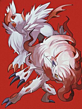 absol asymmetrical_horns blue_eyes bright_pupils claws closed_mouth colored_sclera commentary_request fluffy gen_3_pokemon highres hisuian_zoroark horns long_hair mane mega_absol mega_pokemon neck_fur nintendo no_humans pokemon pokemon_(creature) pokemon_focus red_background red_eyes red_hair reo_(mmocc123) single_horn standing tail white_fur white_pupils wings yellow_sclera