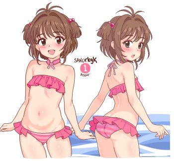 1girl ahoge ass bare_legs beach bikini bikini_skirt blush border breasts brown_hair cardcaptor_sakura choker collar flat_chest frilled_bikini frills green_eyes hair_ornament kinomoto_sakura loli multiple_views navel open_mouth pink_bikini pongldr self-upload short_hair simple_background skirt small_breasts smile solo_focus stomach striped_bikini striped_clothes swimsuit thighs twintails white_border