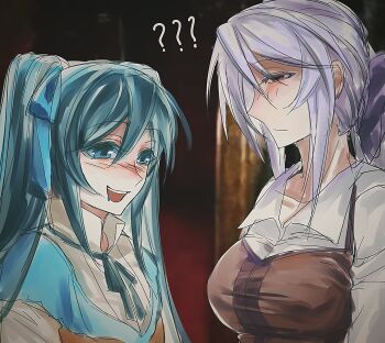 ? ?? aqua_collar aqua_eyes aqua_hair aqua_ribbon blouse blush bow breasts brown_dress clarith collar collarbone collared_shirt confused dress drooling evillious_nendaiki female_pervert grey_hair hair_bow hair_ribbon hashtag-only_commentary hatsune_miku highres large_breasts long_hair looking_at_breasts michaela_(evillious_nendaiki) mui4ioqaak9436 pervert pinafore_dress ponytail purple_bow red_eyes ribbon saliva sennen_no_wiegenlied_(vocaloid) shiro_no_musume_(vocaloid) shirt sketch sleeveless sleeveless_dress twintails very_long_hair white_hair white_shirt yowane_haku yuri