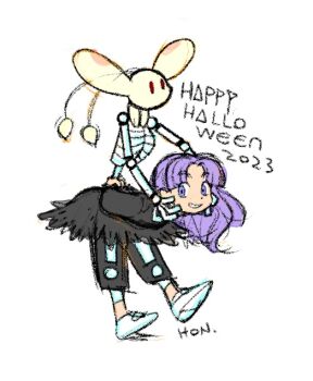 1girl blue_eyes full_body grandia grandia_i halloween halloween_costume happy_halloween hontani_toshiaki long_hair looking_at_viewer purple_hair puui_(grandia) simple_background skeleton smile sue_(grandia) white_background