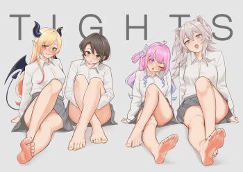4girls absurdres aiharararara animal_ears barefoot black_hair black_horns black_tail blonde_hair blue_eyes blush breasts closed_mouth commentary commentary_request demon_girl demon_horns demon_tail demon_wings english_text feet full_body grey_skirt highres himemori_luna hololive horns legs lion_ears lion_girl long_hair multiple_girls no_shoes oozora_subaru open_mouth pink_hair purple_eyes shirt shishiro_botan short_hair sitting skirt soles subachocolunatan_(hololive) symbol-only_commentary tail toes virtual_youtuber white_shirt wings yuzuki_choco