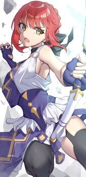 1girl absurdres ancient_greek_clothes bare_shoulders black_thighhighs bow_(weapon) braid breasts bun_with_braided_base commentary fate/strange_fake fate_(series) fingerless_gloves garter_straps gloves goddess_of_war_(fate) greco-roman_clothes hair_bun highres hippolyta_(fate) holding holding_bow_(weapon) holding_weapon open_mouth red_hair sideboob simple_background solo stola thighhighs toukan weapon white_background yellow_eyes