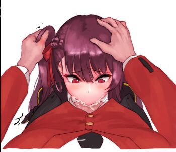 1boy 1girl anger_vein black_necktie cum cum_in_mouth eonsang fellatio furrowed_brow girls'_frontline grabbing_another's_head hair_between_eyes hair_ribbon irrumatio long_hair motion_lines necktie one_side_up oral pov purple_hair red_eyes red_ribbon red_vest ribbon shirt simple_background solo tie_clip trembling variant_set vest wa2000_(girls'_frontline) white_background white_shirt
