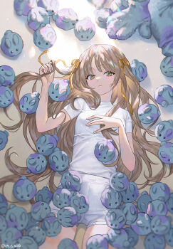 1girl blush bow breasts brown_hair commentary cowboy_shot english_commentary expressionless fingernails green_eyes hair_bow hair_ribbon hand_in_own_hair hand_on_own_chest long_hair looking_at_viewer lying on_back original oto1_030 rabbit ribbon shirt short_shorts short_sleeves shorts small_breasts solo thighs two_side_up wavy_hair white_nails white_shirt white_shorts