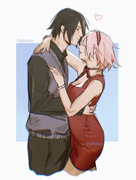 arm_around_neck black_hair black_pants black_shirt blue_background border bracelet breasts choker cleavage closed_eyes closed_mouth collared_shirt commentary couple cowboy_shot cropped_legs dress english_commentary gelley_j0 grey_sweater_vest hairband haruno_sakura hetero highres jewelry medium_breasts naruto:_the_last naruto_(series) pants parted_lips pink_hair red_choker red_dress red_hairband ribbon_choker shirt short_hair sleeveless sleeveless_dress smile sweater_vest twitter_username uchiha_sasuke white_border