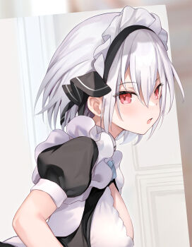 1girl apron black_dress breast_cutout breasts commentary_request danshi_kinsei_game_sekai_de_ore_ga_yarubeki_yuiitsu_no_koto_yuri_no_ma_ni_hasamaru_otoko_to_shite_tensei_shite_shimaimashita dress frilled_apron frills grey_hair haishiki large_breasts looking_at_viewer maid maid_apron maid_headdress official_art open_mouth puffy_short_sleeves puffy_sleeves red_eyes short_hair short_sleeves snow_(yurihasa) solo white_apron
