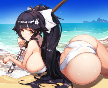 1girl ass azur_lane beach bikini black_hair blush boat breasts cleavage day flower_hair_ornament hair_ornament hair_ribbon highres huge_ass large_breasts long_hair looking_at_viewer lying ocean on_side one-piece_swimsuit outdoors ponytail pout powzin76 ribbon ship sideboob sky swimsuit sword takao_(azur_lane) takao_(beach_rhapsody)_(azur_lane) water watercraft weapon wide_hips wooden_sword yellow_eyes