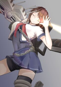 Rule 34 | 1girl, absurdres, asymmetrical bodysuit, blue sailor collar, blue skirt, brown hair, contrapposto, covered navel, elbow gloves, furutaka (kancolle), furutaka kai ni (kancolle), gloves, glowing, glowing eye, gradient background, grey background, hashtag-only commentary, highres, kantai collection, machinery, neckerchief, one eye closed, red neckerchief, sailor collar, school uniform, serafuku, single elbow glove, skirt, solo, standing, tastas