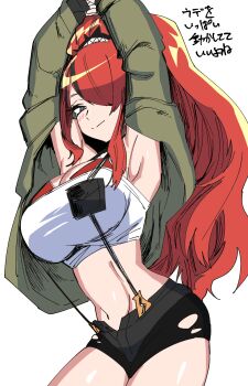 Rule 34 | 1girl, absurdres, arm up, armpits, bandeau, bare shoulders, bike shorts, bike shorts under shorts, black hair, black shorts, breasts, cleavage, cowboy shot, crop top, green jacket, hair over one eye, highres, jacket, lain paterson, lain paterson (1st costume), large breasts, light smile, long hair, looking at viewer, midriff, multicolored hair, navel, nijisanji, off shoulder, ponytail, pouch, red hair, short shorts, shorts, smile, solo, strapless, streaked hair, suspender shorts, suspenders, torn bike shorts, torn clothes, tsuukon (tukonn), tube top, virtual youtuber, white background, white tube top