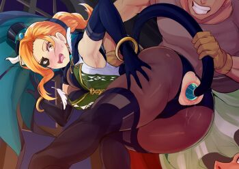 1boy 1girl anal anal_object_insertion anal_tail bent_over bodysuit butt_plug cat cath_(fire_emblem) cath_(thief)_(fire_emblem) embarrassed fake_tail fire_emblem fire_emblem_heroes grin hetero highres leotard nintendo object_insertion open_mouth orange_hair pantyhose pulling revolverwing sex_toy smile tail torn_clothes torn_pantyhose