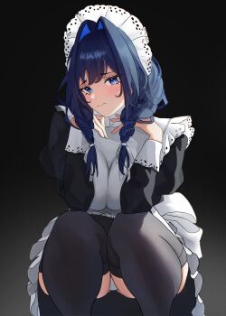 Rule 34 | 1girl, absurdres, apron, black dress, black thighhighs, blue eyes, blue hair, blush, braid, breasts, breasts squeezed together, closed mouth, commentary, dress, embarrassed, embroidery, english commentary, feet out of frame, frilled hat, frills, furrowed brow, gradient background, hair intakes, hair over shoulder, hair ribbon, hat, highres, hololive, hololive english, juliet sleeves, large breasts, long hair, long sleeves, looking at viewer, low twin braids, maid, maid apron, mob cap, official alternate costume, official alternate hairstyle, ouro kronii, ouro kronii (maid), panties, pantyshot, puffy sleeves, ribbon, soapy art, solo, squatting, thighhighs, twin braids, underwear, virtual youtuber, wavy mouth, white apron, white panties, white ribbon