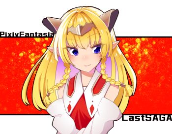 1girl blonde_hair blue_eyes braid circlet colored_inner_hair commentary_request copyright_name falia_the_queen_of_the_mountains horns long_hair multicolored_hair pink_hair pixiv_fantasia pixiv_fantasia_last_saga pointy_ears tanpopo_hayabusa-maru twin_braids