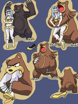 1girl bear breasts cleavage defeat eating felixjoestar gen_2_pokemon helpless highres implied_death karen_(pokemon) midriff nintendo pokemon pokemon_(creature) pokemon_hgss predator_and_prey sequential shoes signature slippers spitting_up_remains stomach stomach_bulge unworn_shoes ursaring vore