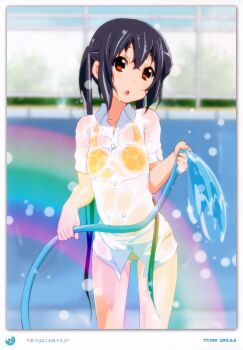1girl 2011 absurdres bikini bikini_under_clothes black_hair brown_eyes dated dress_shirt errant female_focus highres hose k-on! long_hair nakano_azusa one-piece_swimsuit rainbow see-through_clothes shirt solo swimsuit swimsuit_under_clothes twintails water wet wet_clothes yellow_bikini