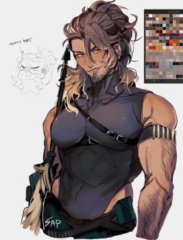 Rule 34 | 1boy, arm hair, armlet, beard, belt, belt pouch, black leotard, brown hair, chest belt, chibi, chibi inset, cropped torso, dark-skinned male, dark skin, ear piercing, earrings, eyebrow cut, facial hair, goldbullet, gun, holostars, holostars english, jewelry, large pectorals, leotard, lips, male focus, necklace, necklace in mouth, orange eyes, pectorals, pencil, pencil in hair, piercing, ponytail, pouch, rifle, sap ( sapere), signature, simple background, skin tight, sniper rifle, toned, toned male, upper body, virtual youtuber, weapon, white background