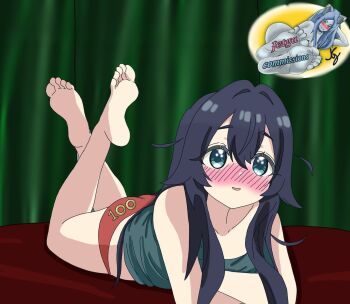1girl ass blue_hair blush breasts feet jetga kimi_no_koto_ga_dai_dai_dai_dai_daisuki_na_100-nin_no_kanojo long_hair looking_at_viewer lying on_stomach panties small_breasts smile tank_top the_pose underwear yoshimoto_shizuka
