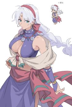 Rule 34 | 1girl, braid, breasts, bridal gauntlets, chibi, cleavage, cleavage cutout, closed mouth, clothing cutout, curtained hair, dark-skinned female, dark skin, dress, earrings, eiyuu densetsu, facial mark, floating hair, forehead mark, green eyes, hairband, highres, hoop earrings, jewelry, large breasts, long hair, looking at viewer, necklace, parted bangs, poki (as9861164216765), purple dress, red hairband, red sash, sash, scarf, scherazard harvey, simple background, single braid, solo, sora no kiseki, upper body, waist sash, white background, white hair