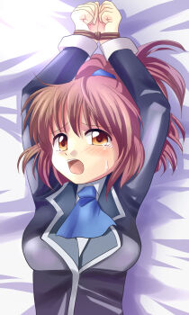 1girl arle_nadja arms_up bdsm bed bondage bound bound_wrists brown_hair collared_shirt crying female_focus highres jacket long_sleeves looking_at_viewer madou_monogatari on_bed open_mouth ponytail puyopuyo restrained rope school_uniform shirt solo sweetsprite tears teeth upper_body upper_teeth_only white_shirt